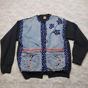 Vintage Sweatshirt Womens Large Black Open Front Denim DIY Made In USA‎